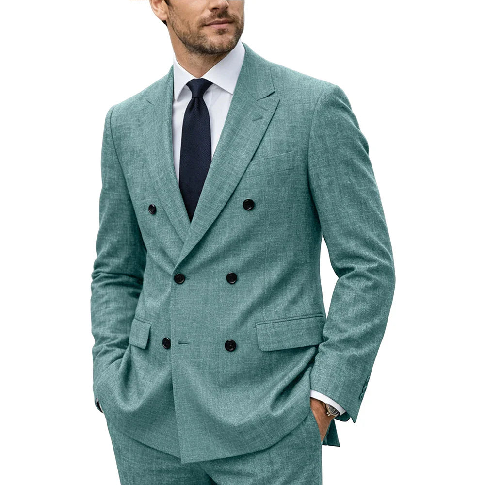 Men's Linen Suit Set  Double Breasted Slim Fit Peak Lapel Formal Blazer Pants Breathable Business Wedding Groom Tuxedo