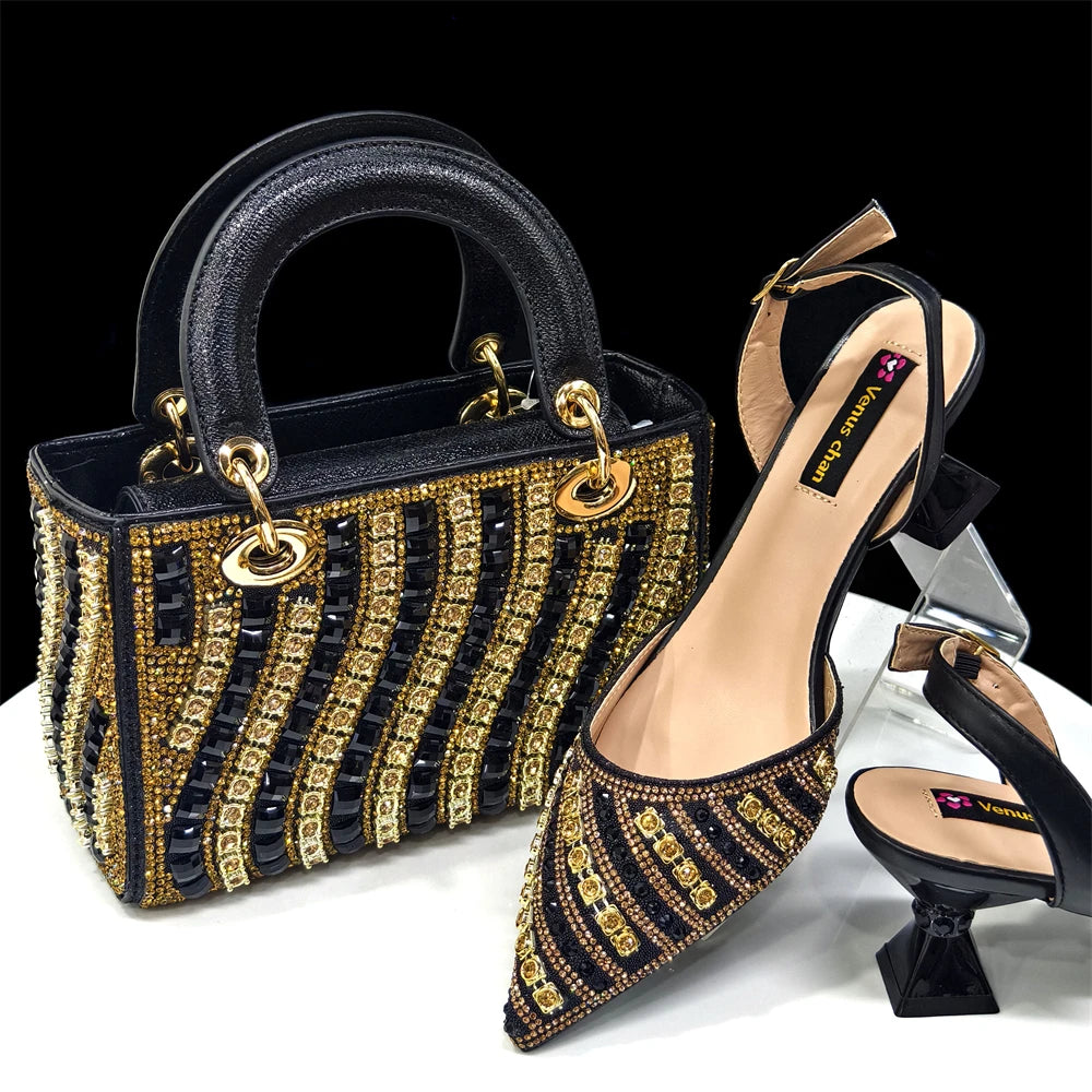 2025 Elegant Multicolor Color Women's  Heels and Rhinestone Handbag Set - Italian Design for Weddings and Parties