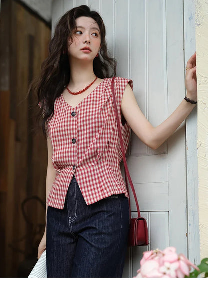 Women's Fashion V-neck Shirt 2026 Summer New Plaid Ladies Red Button Shirt Casual Retro Top Female Clothing MXE37X1921