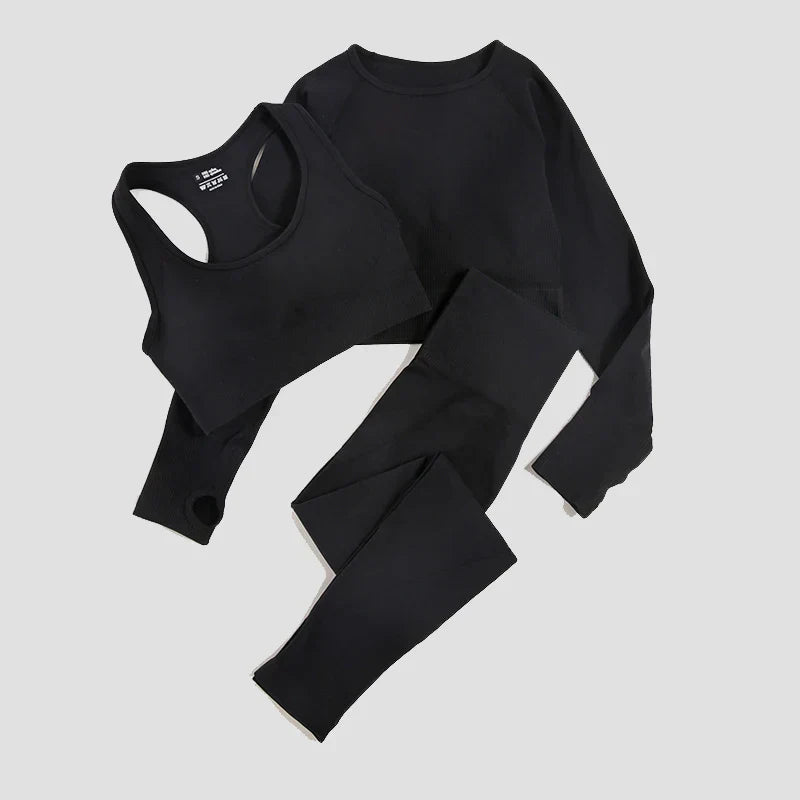 2/3Pcs Women Seamless Fitness Yoga Suit Workout Long Sleeve Crop Top Shirt Sports Bra High Waist Running Leggings Gym Clothing