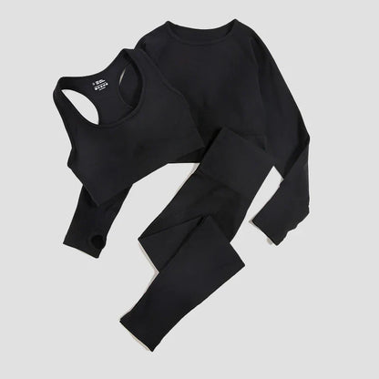 2/3Pcs Women Seamless Fitness Yoga Suit Workout Long Sleeve Crop Top Shirt Sports Bra High Waist Running Leggings Gym Clothing
