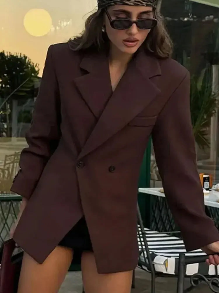 Women Fashion Solid Blazer Lapel Slim Double Breasted Long Suit Coat Female Wild Office Lady Commute Woman Outercoat Top
