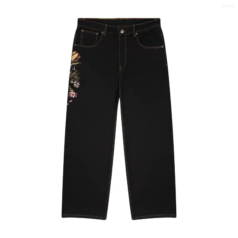 blossom embroidered pattern jeans Y2K loose men women zipper jeans wide leg pants Gothic Harajuku American style streetwear