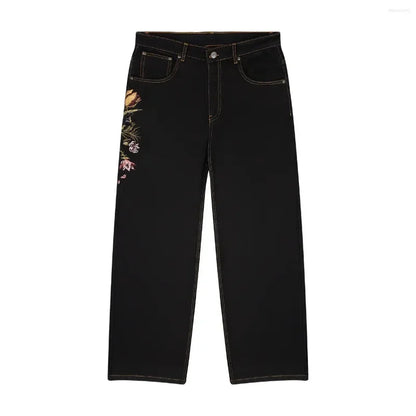blossom embroidered pattern jeans Y2K loose men women zipper jeans wide leg pants Gothic Harajuku American style streetwear
