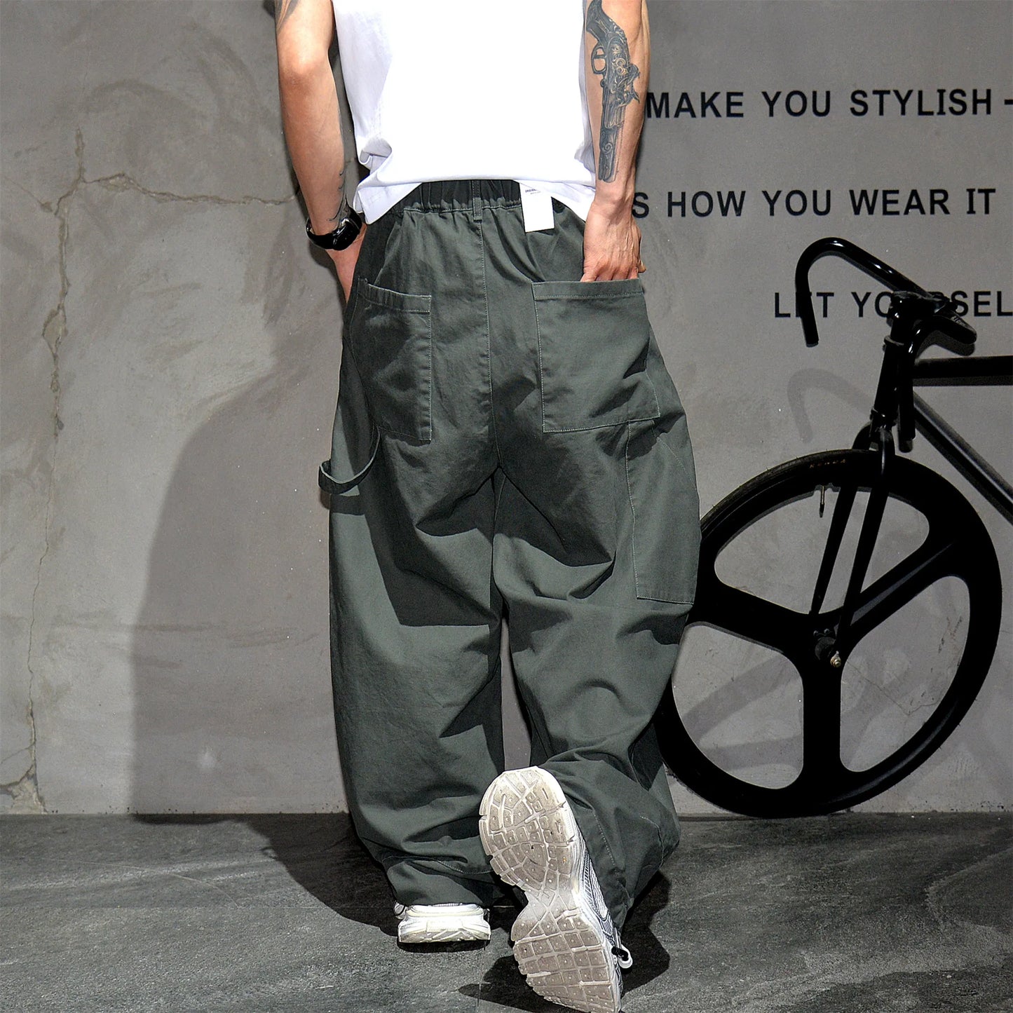 Mens Cargo Pants American Trendy Solid Black Cotton Heavyweight Wide Leg Loose Straight Streetwear Casual High Quality Pants