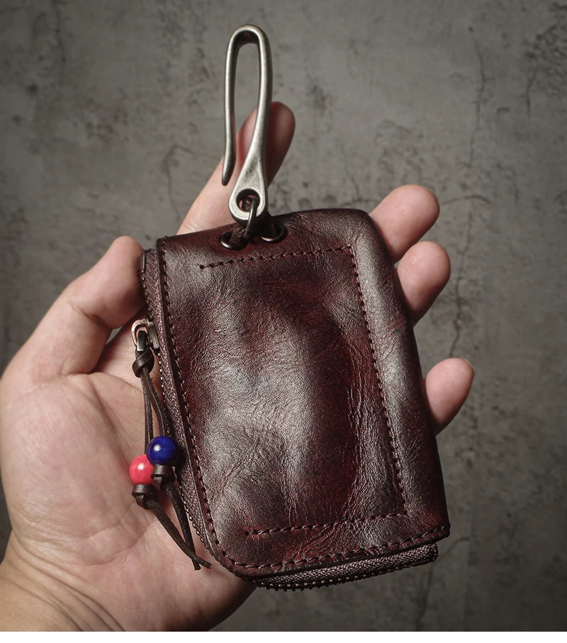 Top Cowhide Car Key Bags Men Women Vintage  Zipper Coin Purse Genuine Leather Wallet Card Holde ‌Housekeeper Home Organizer