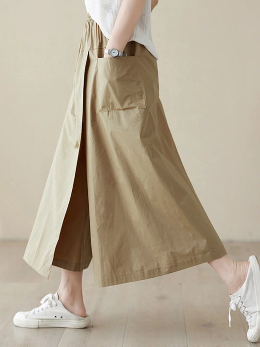 High Waist A-Line Midi Skirt Cotton Linen Women's Workwear Style Drawstring Pleated Skirt Commute Style Pure Color Skirt