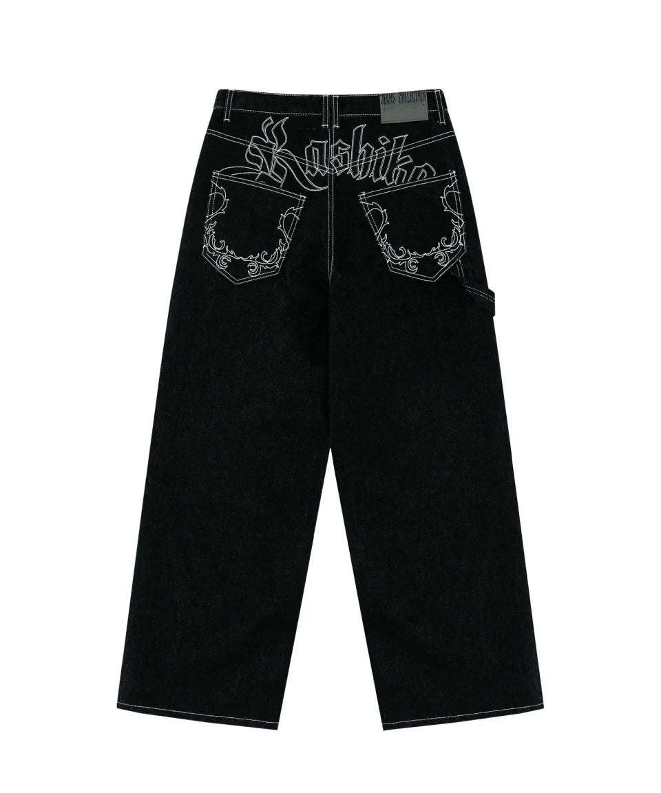 90s Retro Street Embroidery Jeans Male  R&B Solid Color Loose Straight Pants Female Y2K Harajuku Hip Hop  Punk Style  Men Jeans