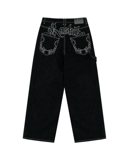 90s Retro Street Embroidery Jeans Male  R&B Solid Color Loose Straight Pants Female Y2K Harajuku Hip Hop  Punk Style  Men Jeans