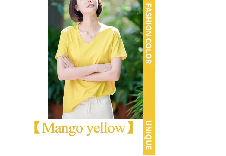 6% Real Silk Cotton Modal Women's T-shirt 2026 Summer Tees Short Sleeve Solid Tee Shirts V-neck Casual Woman Basic T shirt Tops
