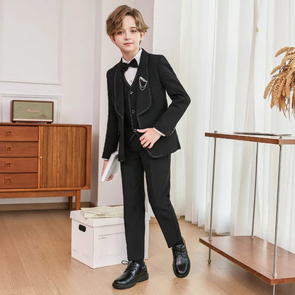 New Arrival Boys Slim Fit Suits 5 Pieces Jacket Vest Pant Bow-tie Brooch Party Wear,Smart Handsome Shawl Lapel Suit Set On Sale