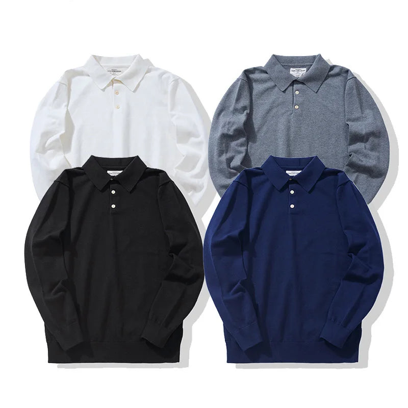 New American Retro Lapel Knitted POLO Shirt Pure Cotton Sweater Pullover Bottoming Casual Sweater Long Sleeve Men