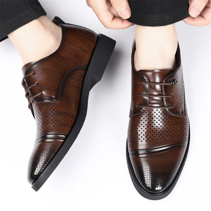 Men's Summer Breathable Leather Shoes Hollow out Fashionable Slip-On Comfortable Anti-Slip Soft Bottom Derby Shoes-SJ2501-1