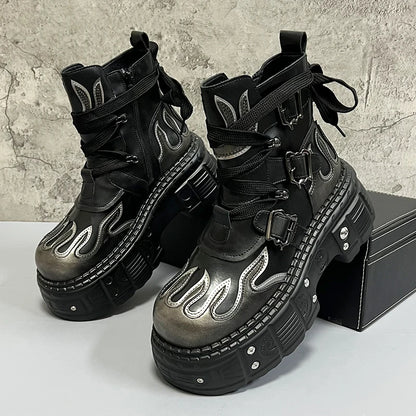Men's 2024 Winter New Thick-soled Inner Heightening Fashion Fried Street Personality High-top Leather Boots
