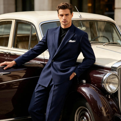 Men's Serge Tuxedo Suit Set One Button Peak Lapel Slim Fit 2 Piece Blazer Pants Casual Business Wedding Formal Outfit