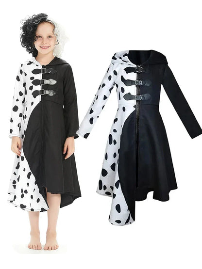 Cruella Deville Costume Black Dalmatian Jumpsuit Dress Girls Halloween Cosplay Party Dress up