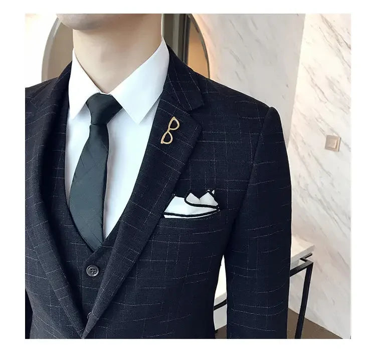Blue Men Classic Striped/Checked Suits, Asian Size Slim Fit Business Office 3-Piece Sets, Black/Gray and Red Available.