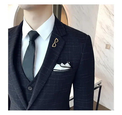 Blue Men Classic Striped/Checked Suits, Asian Size Slim Fit Business Office 3-Piece Sets, Black/Gray and Red Available.