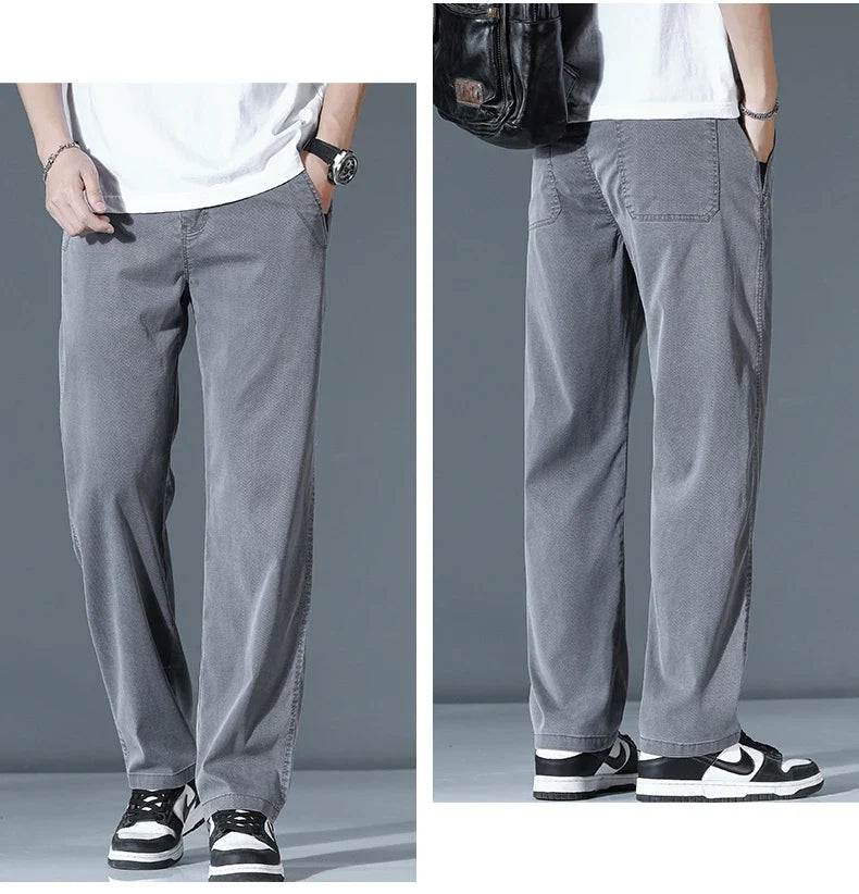 Ultra-thin Lyocell Fashion Loose Casual Pants Men Spring Summer Korean Straight Stretch Brand Trousers Male Clothing Wide Pants