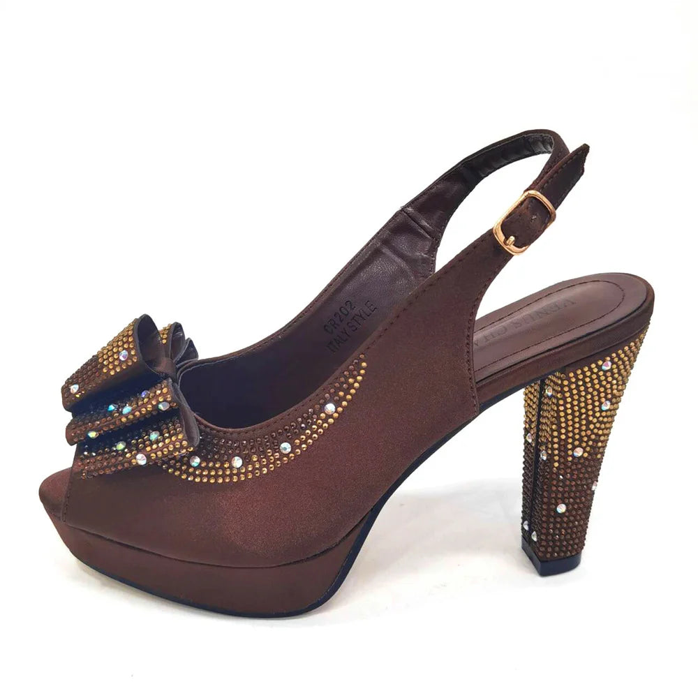Women High Heels Sandals Printing Flower Material with Rhinestone Italian Design Coffee Color Open-Toed Shoes