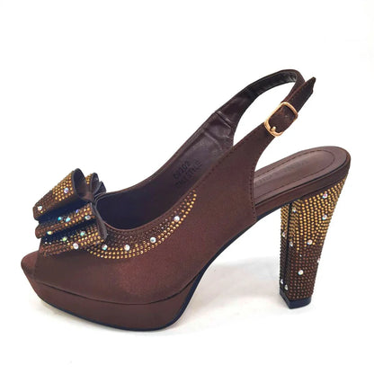 Women High Heels Sandals Printing Flower Material with Rhinestone Italian Design Coffee Color Open-Toed Shoes