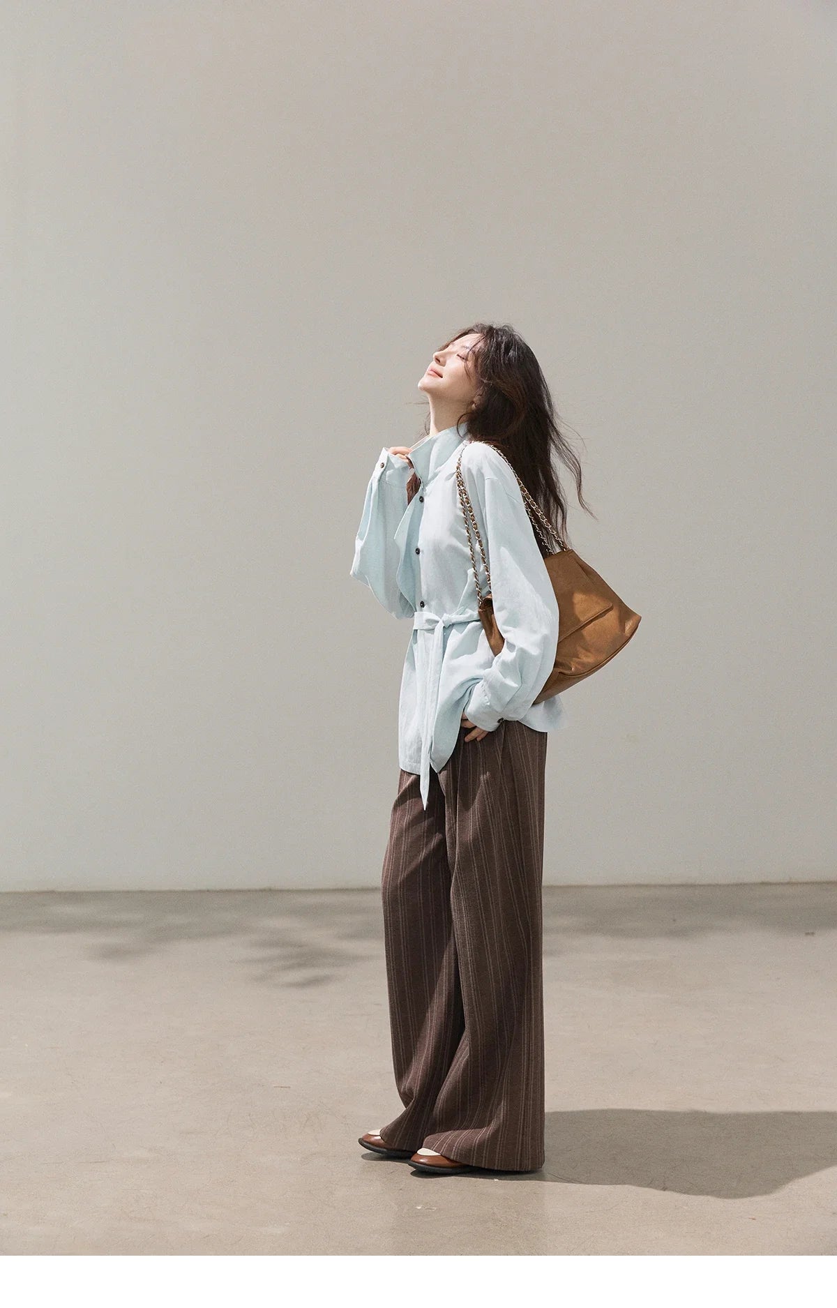Women's Stand Collar Long Sleeve Shirts Spring Belted Waist Asymmetric Button Tops Casual Loose Solid Shirt MXF13C2459