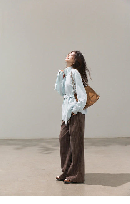 Women's Stand Collar Long Sleeve Shirts Spring Belted Waist Asymmetric Button Tops Casual Loose Solid Shirt MXF13C2459
