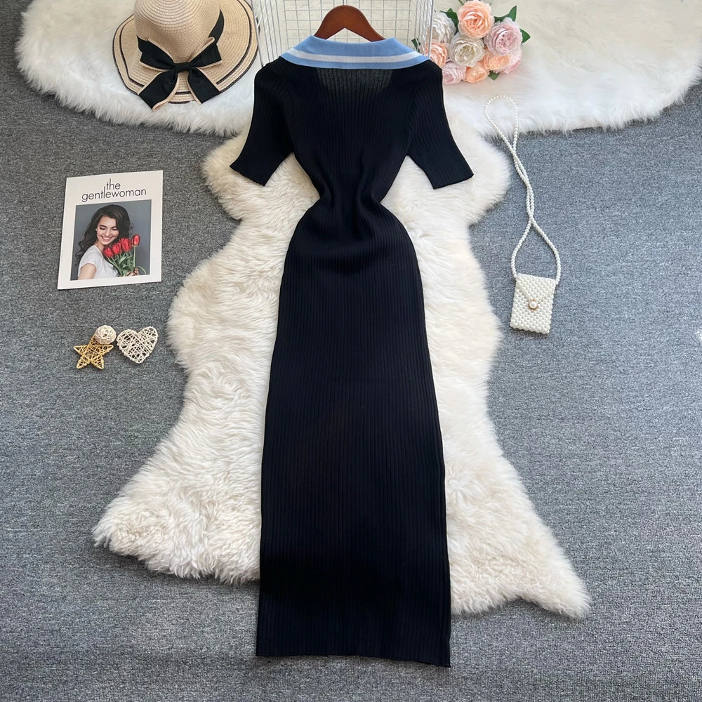 Chic Fashion Sexy Wrap Hips Knitted Long Dress 2026 New Brand Fashion Embroidery Single-breasted Shirt Dress Streetwear