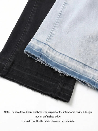 Men's Vintage Light Blue / Black Flare Jeans, Slim Straight Leg Raw Hem Casual Denim Pants