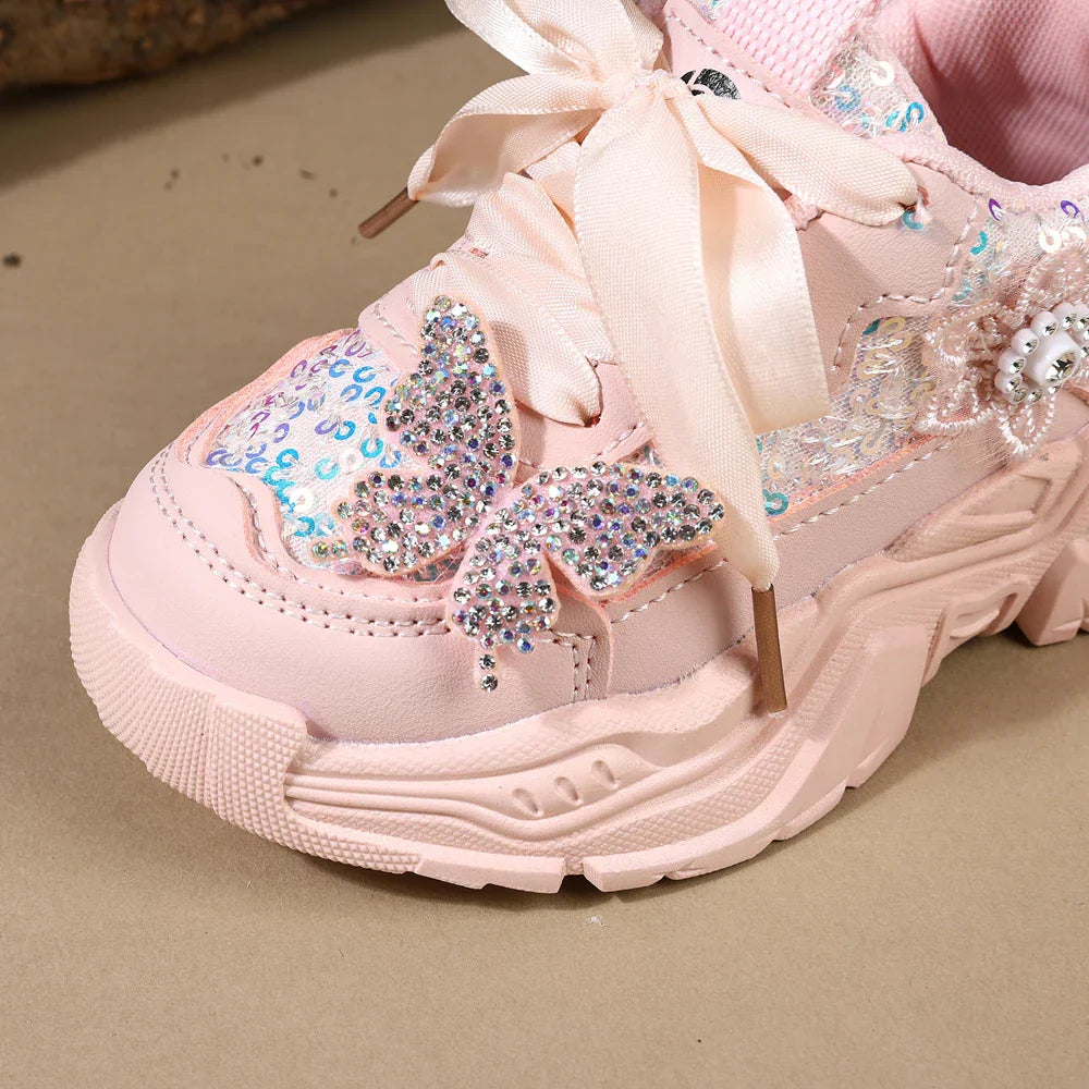 Children Shoes 2025 New Spring Toddler Girls Sport Shoes Bling Bling Soft Sole Breathable Outdoor Tennis Fashion Kids Sneakers