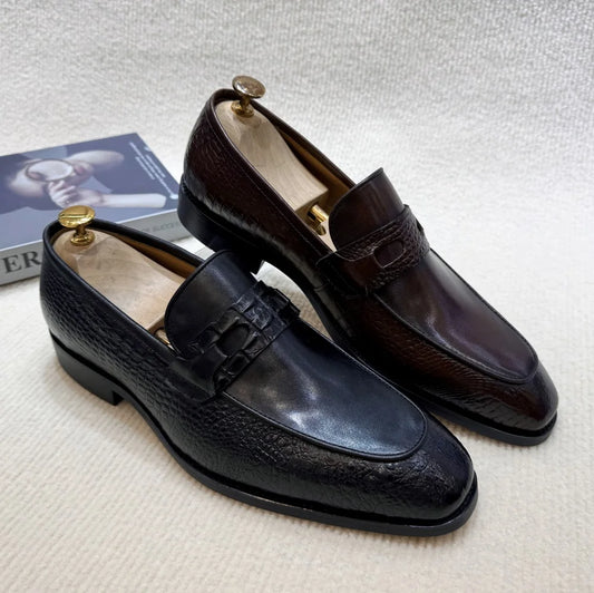 Luxury Men's Genuine Leather Dress Shoes Crocodile Print Wedding Loafers Double Buckle Business Office Formal Slip-On Shoes