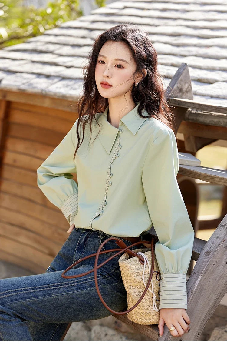 Striped Patchwork Shirt for Women Spring 2025 Irregular Single Breasted Buckle Shirts Lapel Tops Office Lady MXE12C0412