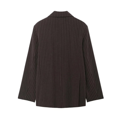 Women's Old Money Style Ovesized Striped Blazer Coat Long Sleeve Front Pockets Chic Oversize Top Female Outerwear