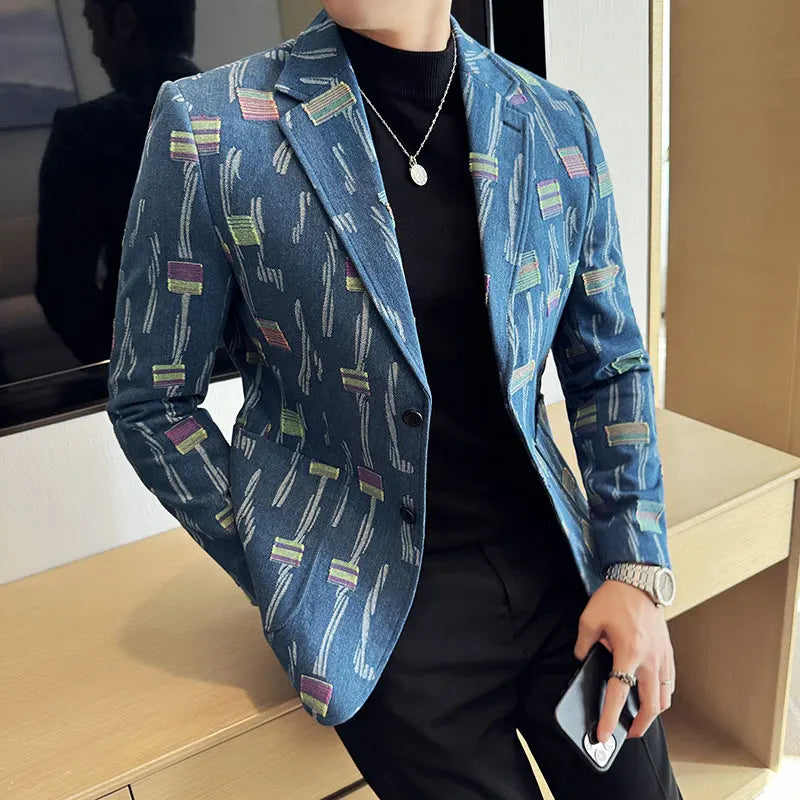 2025 New Luxury Denim Jacquard Suit Coats Men Fashion Slim Fit Suit Casual Business Party Coat Uniform Wedding Social Tailcoat