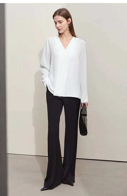 Autumn New Elegant Blouses Women 2025 V-neck Solid Long Sleeve Shirts Female Fashion Office Lady Straight Clothing 12521087