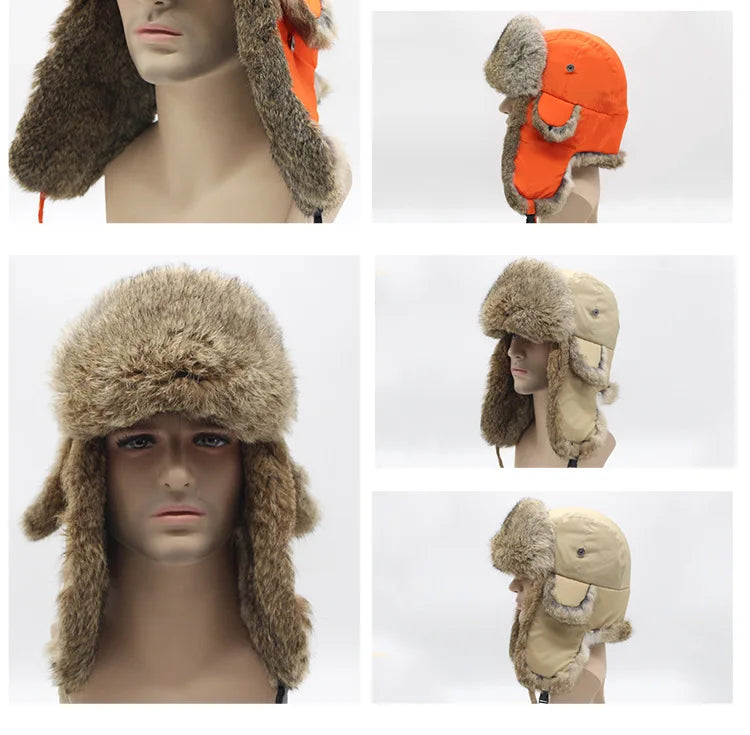 Sports Winter Fashion Trapper Hats Men Thick real Rex Rabbit Fur Bomber Cap with Warm Snow Ear Flap Hiking Hats for Outdoor