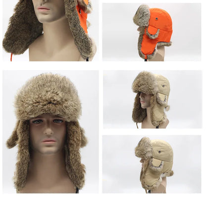 Sports Winter Fashion Trapper Hats Men Thick real Rex Rabbit Fur Bomber Cap with Warm Snow Ear Flap Hiking Hats for Outdoor