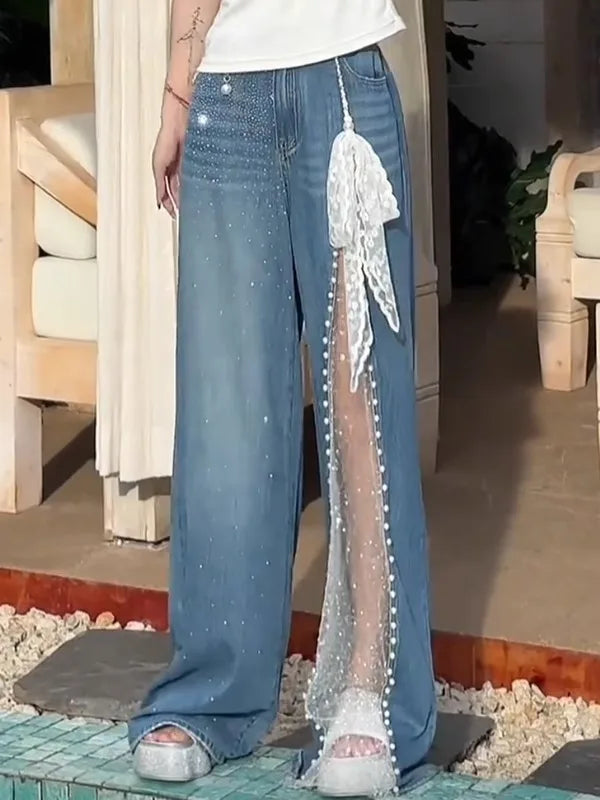 2025 Autumn Winter Women's Denim Pants Mesh Patchwork Y2K Streetwear Baggy Jeans Grunge Japanese Harajuku Cowboy Tide Designer