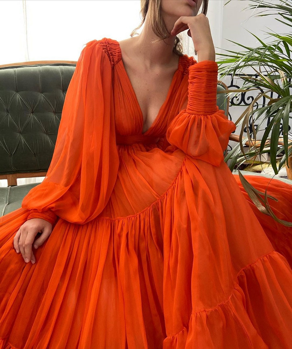 Pleat Tulle Princess Prom Gown V-Neck Long Puff Sleeve Plus Size Evening Gown Elegant Dress Women for Wedding Party