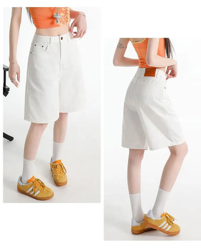 Women's High Waist Wide Leg  Y2K American Retro Washed Five-Point Denim Shorts Summer Loose Slim Straight Cut Mid-Length Pants