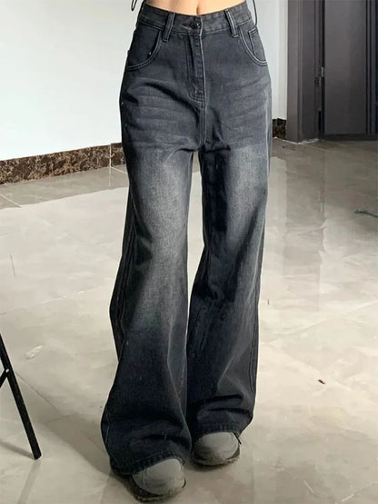 Korean Vintage High Waist Women's Jeans Y2K Slimming Pear-Shaped Loose Straight Bell Bottoms Black Gray Baggy Denim Trousers