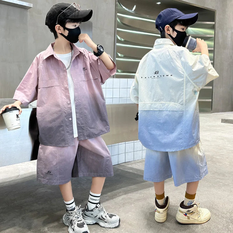 Fashion Kids Clothing Set Shirt Shorts Summer Suit for Teenage Boy Loose Casual Gradient Color Clothes Set Child Luxury Outfit