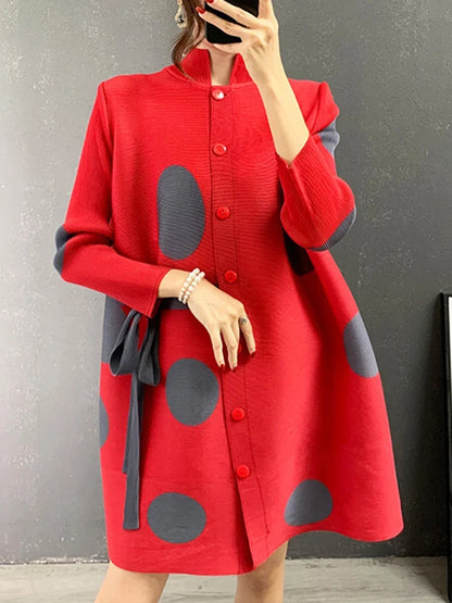 Miyake Pleated Dot Printing Dress 2025 Autumn Single Breasted Plus Size Drawstring Elegant Streetwear Festival Women Clothing