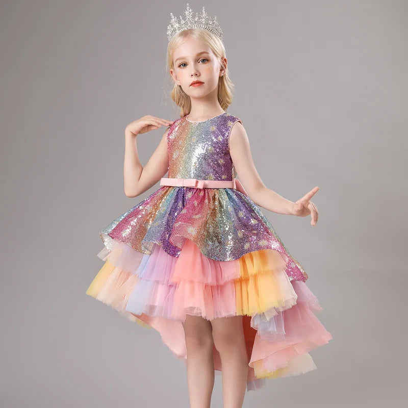 S002 Children's Dress Trailing Princess Spot Pink Girls' June 1 Performance Summer New 2023 Lace Color Matching Mesh
