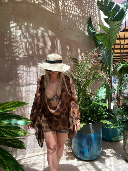 2025 Autumn Fashion Street Style Sexy Low-Cut Plunging Neckline Leopard Printed Flare Sleeve Women Beach Vacation Mini Dress C95