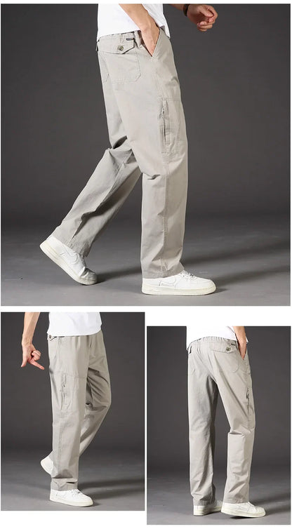 Men's Overalls Cotton Cargo Pants Casual Sports Sweatpants Stretch Waist Work Utility Dungarees Black Gym Jogger Trousers