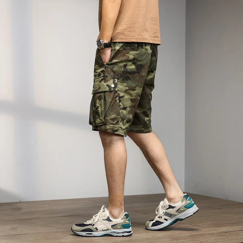 2024 Men's Shorts Camouflage Grey Summer Casual Elastic Waist Knee Length Camo Cargo Short Men Stretch Drawstring Cotton Bermuda