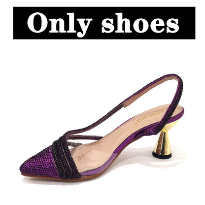 Italian Pointed Toe Wedding Shoes Gold Color Summer Sandal for Women 2023 High Heels Rhinestone Shoe and Bag Set
