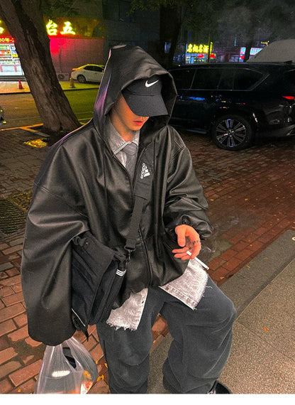 Spring Autumn Short Oversized Black Soft Pu Leather Jacket Men with Hood Zipper Loose Casual Korean Fashion Clothes