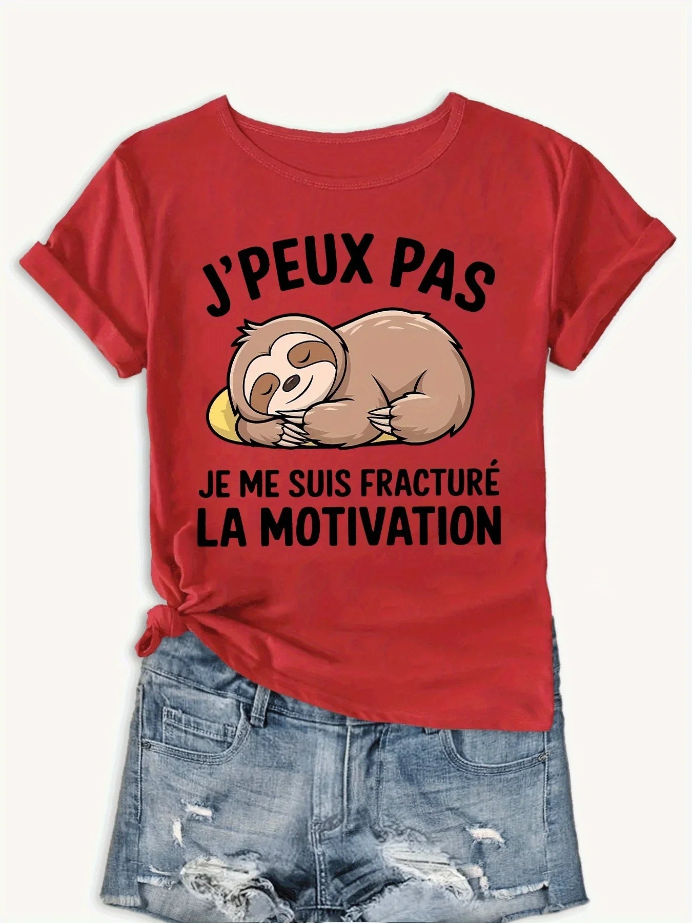 Sloth T-Shirt French Motivational Sloth Graphic T-Shirt| Humorous "Motivation Through Fracture" Slogan Harajuku Sleeve Casual